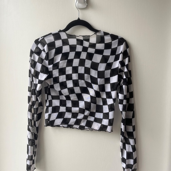Black & White Racing Check Mesh Long-sleeve Shirt, Forever 21, size S - Picture 5 of 5